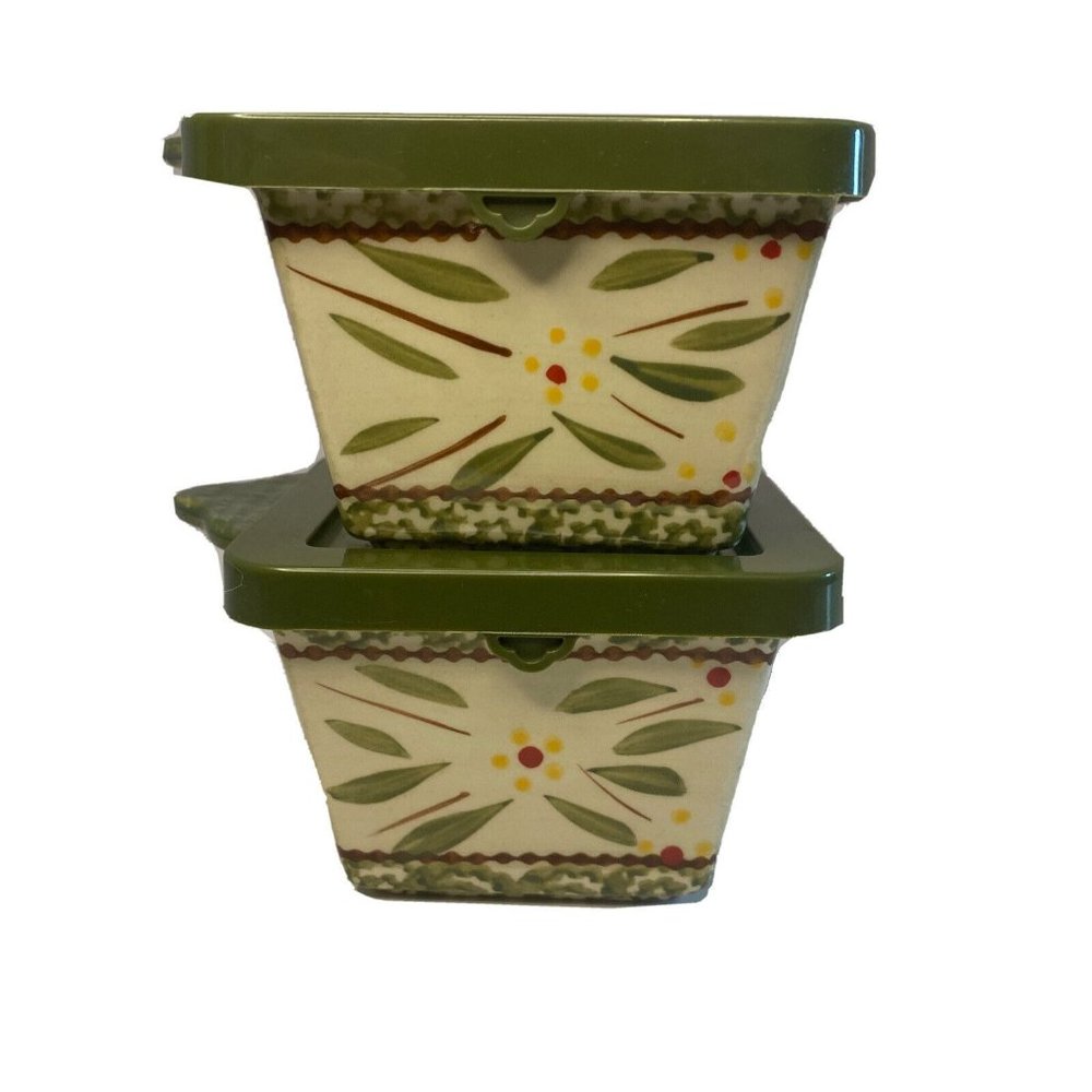 Set 2 Temptations Tara Old World Green 10 oz Square Ceramic Ramekins Lid Covered